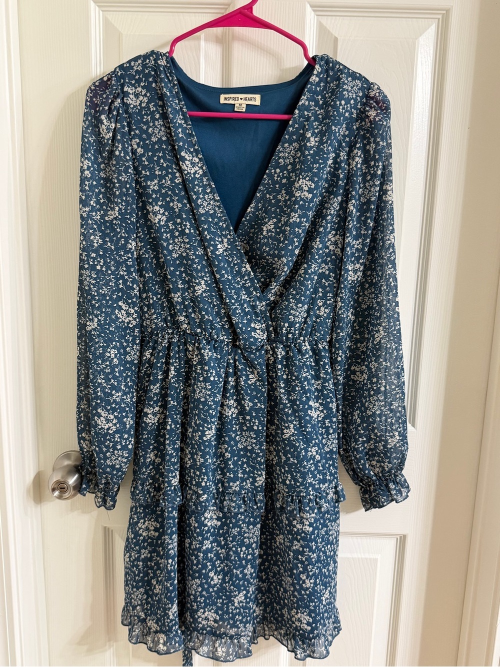 Inspired Hearts Blue Floral Wrap-Style Long Sleeve Dress